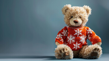 Obraz premium A cuddly tan teddy bear toy in a bright orange Christmas sweater adorned with white snowflakes, posed joyfully 