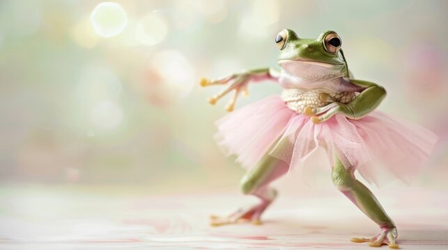 cute frog wearing a pink tutu dancing ballet on a light pastel background with soft studio lighting. The frog is dancing in the style of a ballerina.