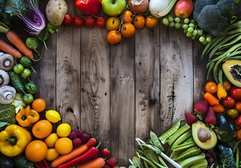 Organic Fruit and Vegetables on Wooden Table in Heart Shape - Powered by Adobe