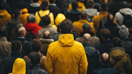 Obraz premium lone man in bright yellow jacket standing out from a sea of people symbolizing individuality and courage street photography
