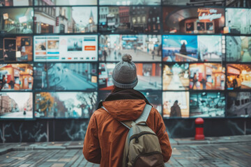 Person watching a lot of TV screens. Propaganda and fake news concept. Politicians manipulate society with help of public television