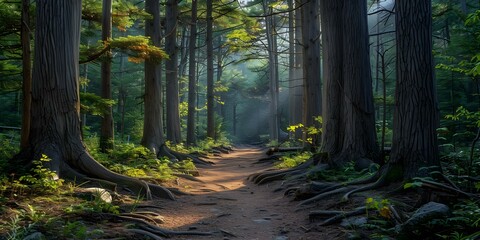 Obraz premium Ancient forest shrouded in mystery with towering trees and ancient roots. Concept Ancient Forest, Towering Trees, Mysterious Roots, Enchanted Nature, Lush Foliage