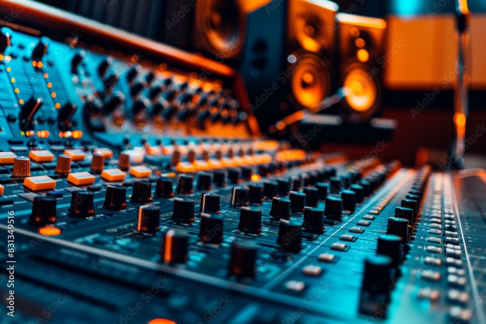 Aufkleber A detailed view of a sound mixing console with multiple sliders, knobs, and buttons for adjusting audio levels and effects. Generative AI