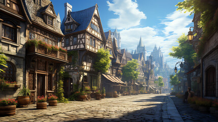 A street in a medieval town. The street is made of cobblestones and lined with half-timbered houses with flowers on their windowsills. The sky is blue and there are some clouds in the distance.