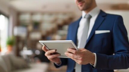 Close-up of a business professional using a digital tablet in an elegant office setting. Concept of technology in business and modern work environments.