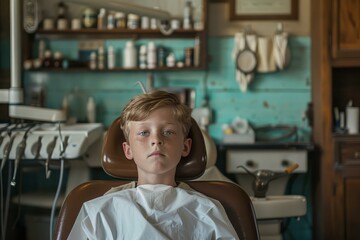 Obraz premium Serene child patiently waiting his turn at a vintage barbershop