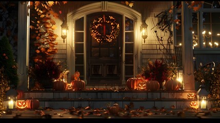 Halloween Pumpkins and Flowers on Front Porch at Night