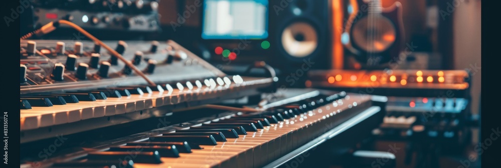 Aufkleber A close up of a keyboard being played in a recording studio, capturing the intricate movements of a musician creating music. Generative AI