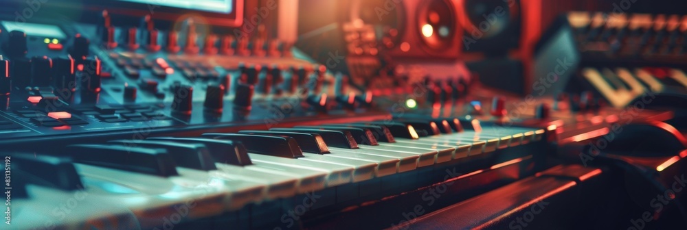 Aufkleber A detailed view of a keyboard in a recording studio, with the keys intricately designed and ready to create beautiful melodies. Generative AI