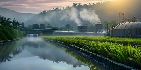 Image of biogas energy production at organic palm oil mills with copy space. Concept Biogas Energy Production, Organic Palm Oil Mills, Copy Space, Sustainable Energy, Renewable Resources