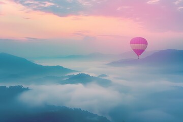 Fototapeta premium Hot air balloon over misty mountains at sunrise