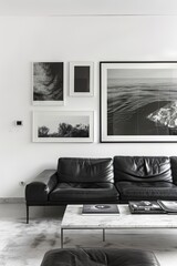 luxurious minimalist living room with a gallery wall of monochrome photography
