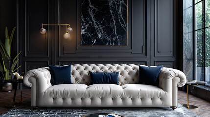 Welcoming living room, sofa against a striking, dark-toned backdrop.