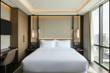 Minimalist bedroom with white bedding and modern decor, creating a bright and serene space for restful sleep
