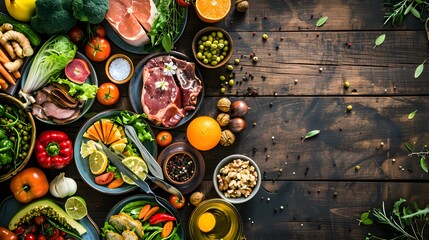 Healthy Food Concept: Fresh Vegetables, Fruits, and Meat on Wooden Background