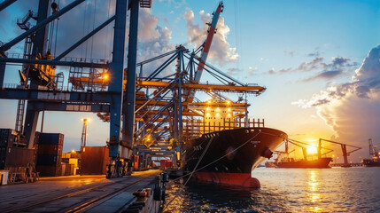 Cargo ship docked at a busy port at sunset