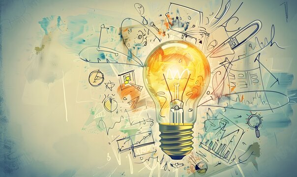 Light Bulb with Business Ideas and Strategy Doodles in Pastel Colors