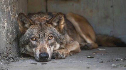 melancholic homeless wolf yearning for shelter emotional animal portrait
