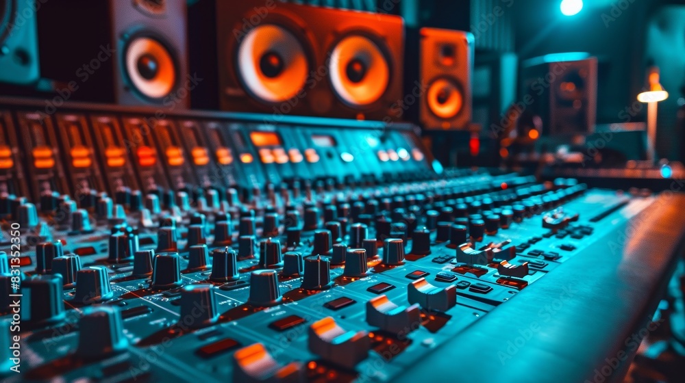 Poster A sound mixing console in a recording studio being used to adjust audio levels of tracks being recorded or mixed. Generative AI