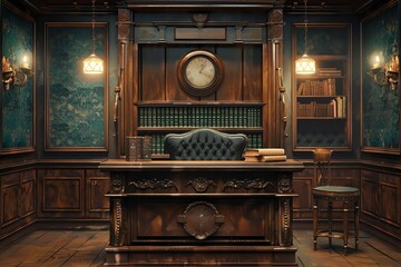 Classic lectern with books and a gavel, traditional courtroom setting, symbol of justice and authority