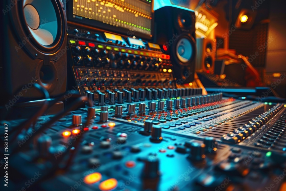 Poster a bustling mixing desk surrounded by an array of sound equipment, cables, and knobs, ready to create