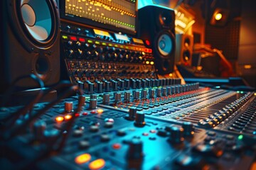 A bustling mixing desk surrounded by an array of sound equipment, cables, and knobs, ready to create groundbreaking music and mesmerizing melodies. Generative AI