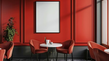 modern cafe interior with blank poster on wall stylish furniture and red color scheme 3d rendering