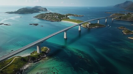 Aerial Bird's-Eye View of the Confident Bridge Connecting Lofoten Archipelago to Northern Norway Islands with Clear Water, Greenery, and Vast Blue Sky. Captured Using Wide-Angle Lens and High-Resoluti