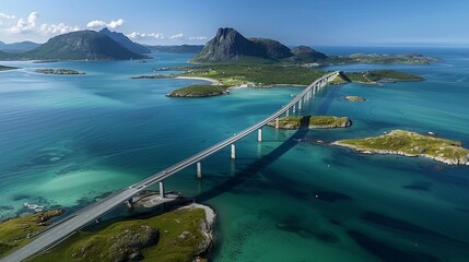 Aerial Bird's-Eye View of the Confident Bridge Connecting Lofoten Archipelago to Northern Norway Islands with Clear Water, Greenery, and Vast Blue Sky. Captured Using Wide-Angle Lens and High-Resoluti