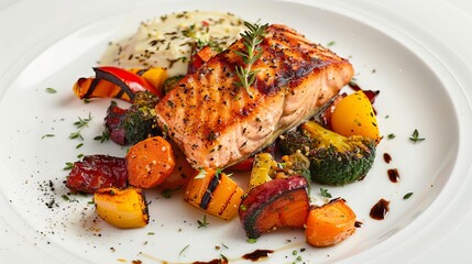 mouthwatering grilled salmon fillet with colorful roasted vegetables healthy gourmet meal ai generated food photo