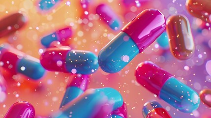 multicolored antibiotic capsule pills macro closeup selective focus pharmaceutical medicine concept digital illustration