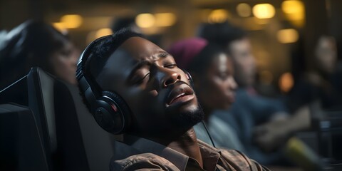 A stressed African American man in a call center experiencing burnout. Concept Burnout, Work Stress, Call Center, African American Man, Mental Health - Powered by Adobe