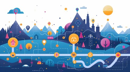 Obraz premium An illustrated timeline showing the progression of a business strategy, with milestones, achievements, and goals marked along the path.