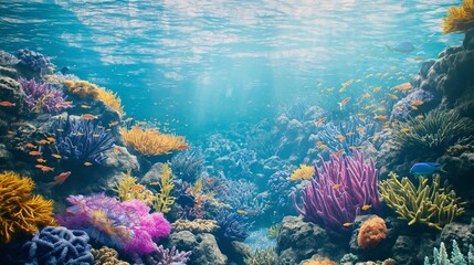 An underwater scene with holographic representations of various marine life, including vibrant corals and schools of fish, seamlessly integrated with the real aquatic environment, 