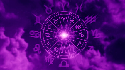 Concept of astrology and horoscope, person inside a zodiac sign wheel, Astrological zodiac signs...