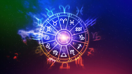 Concept of astrology and horoscope, person inside a zodiac sign wheel, Astrological zodiac signs inside of horoscope circle, Astrology, knowledge of stars in the sky, power of the universe concept. © rawintanpin