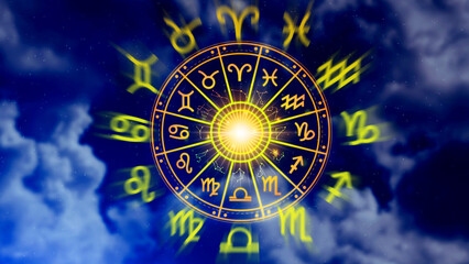 Concept of astrology and horoscope, person inside a zodiac sign wheel, Astrological zodiac signs...