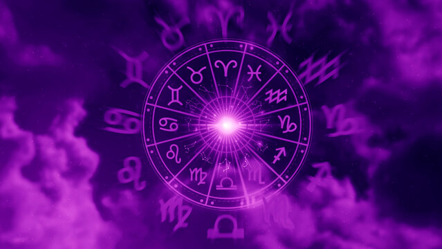 Concept of astrology and horoscope, person inside a zodiac sign wheel, Astrological zodiac signs inside of horoscope circle, Astrology, knowledge of stars in the sky, power of the universe concept.