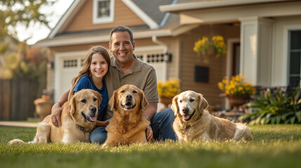 Fototapeta na wymiar Happy Family with Dogs Posing in Front of House