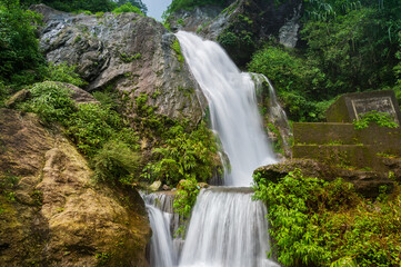 Paglajhora waterfall , famous waterfall in monsoon, at Kurseong, Himalayan mountains of Darjeeling, West Bengal, India. Origin of Mahananda River flowing through Mahananda Wildlife Sanctuary.