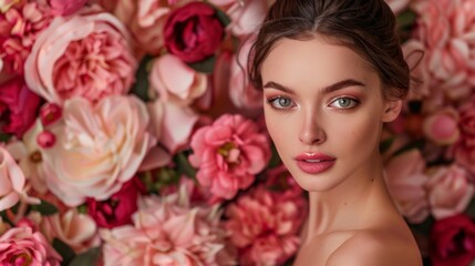 Feminine Elegance A Beautiful Caucasian Woman Posing in a Studio with a Background of Lovely Pink and Red Floral Flowers