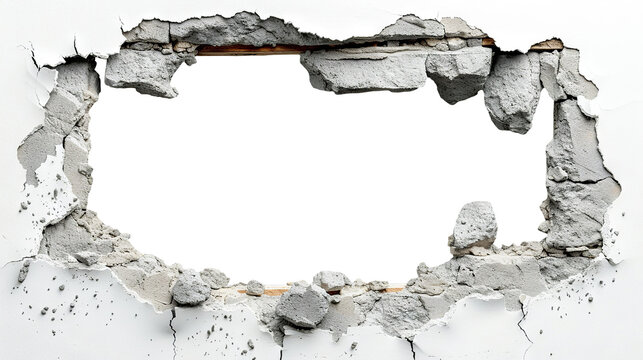 Hole breaking through white wall, cut out