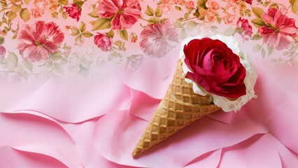 A waffle cone decorated with a bright red rose flower. The cone rests on a soft pink
background, which smoothly turns into a floral pattern at the top.