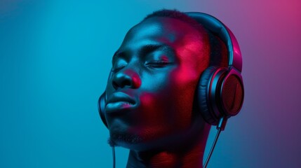 Handsome young black man wearing headphones, listening to music with closed eyes in neon light