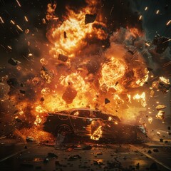 A cinematic photomanipulation of an EV car explosion, with realistic debris and intense lighting effects, capturing the moment of impact in high detail High definition, dramatic