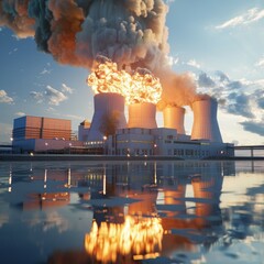 Dramatic image of a nuclear power plant explosion during sunset, reflecting on water, showcasing energy crisis and disaster.
