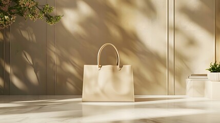  - A sophisticated beige shopping bag photographed in a gallery-inspired environment. , A chic beige shopping bag displayed in a gallery-style setting.