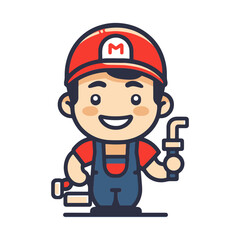 Cartoon illustration of a cheerful plumber wearing a red hat, holding a wrench, and ready for work. Perfect for service industry graphics.