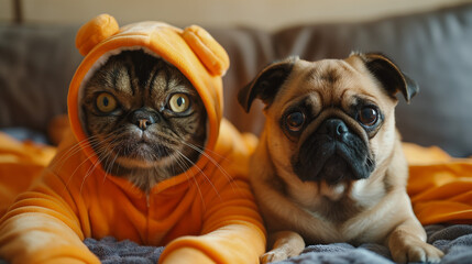 Obraz premium Cat and Dog Dressed in Halloween Costumes with Pumpkins