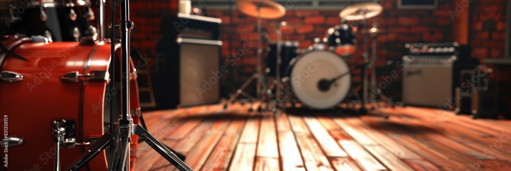 Aufkleber A vibrant room filled with an array of drums and drumsticks, creating a striking visual of rhythm and percussion in full swing. Generative AI